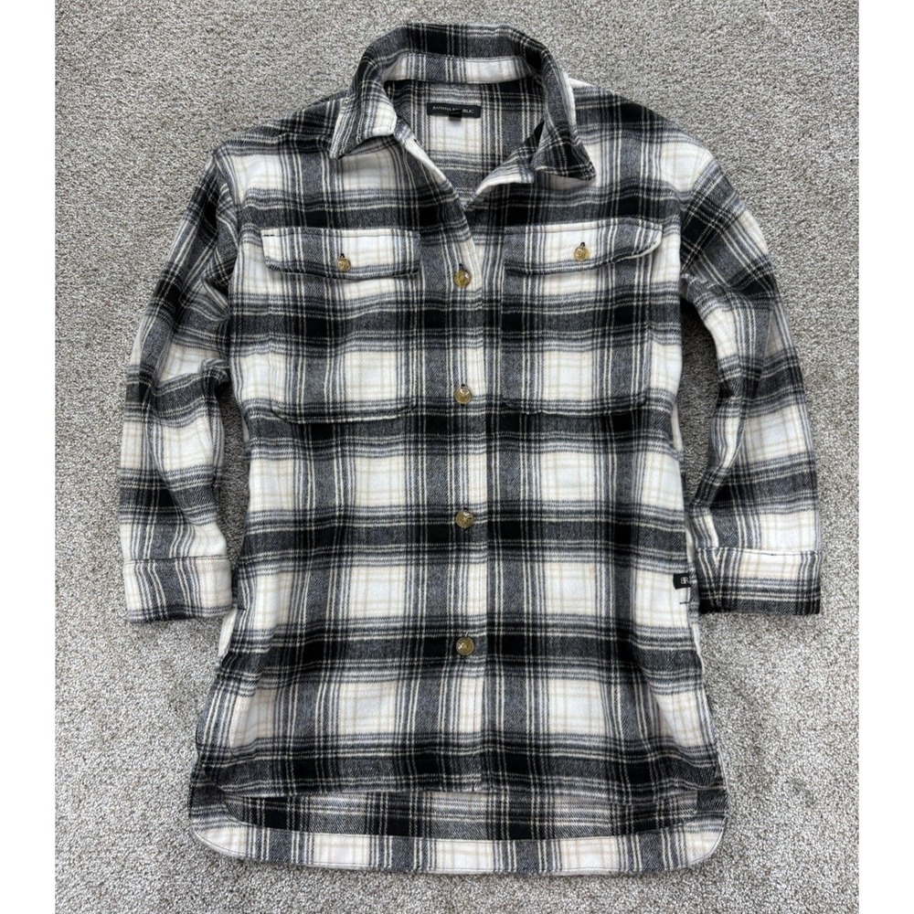 Banana Republic Midweight Flannel Shirt Jacket Women XS Black Cream Bailor Plaid